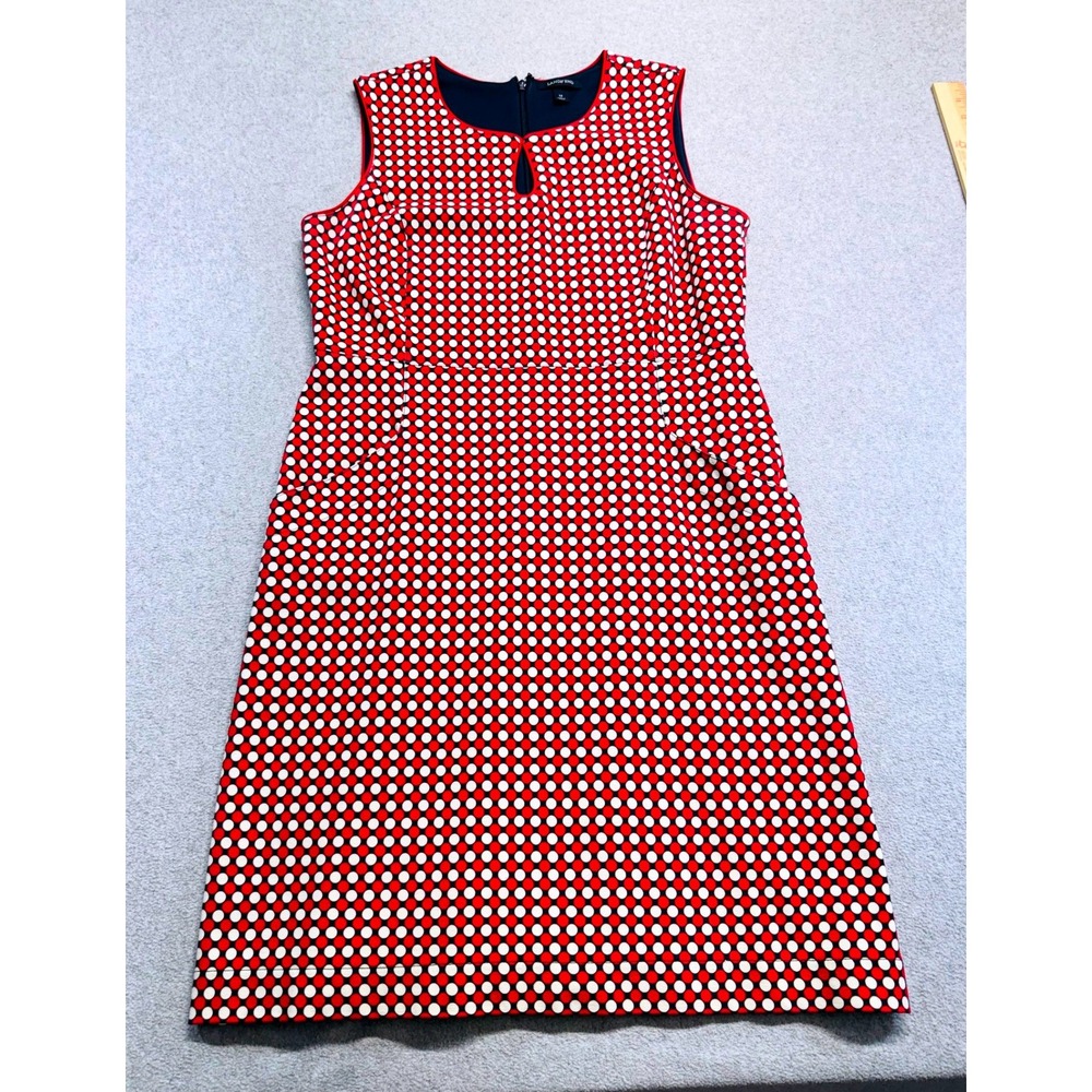 Lands End Sheath Dress Womens 12 Red White Polka Dot Keyhole Sleeveless Pockets
